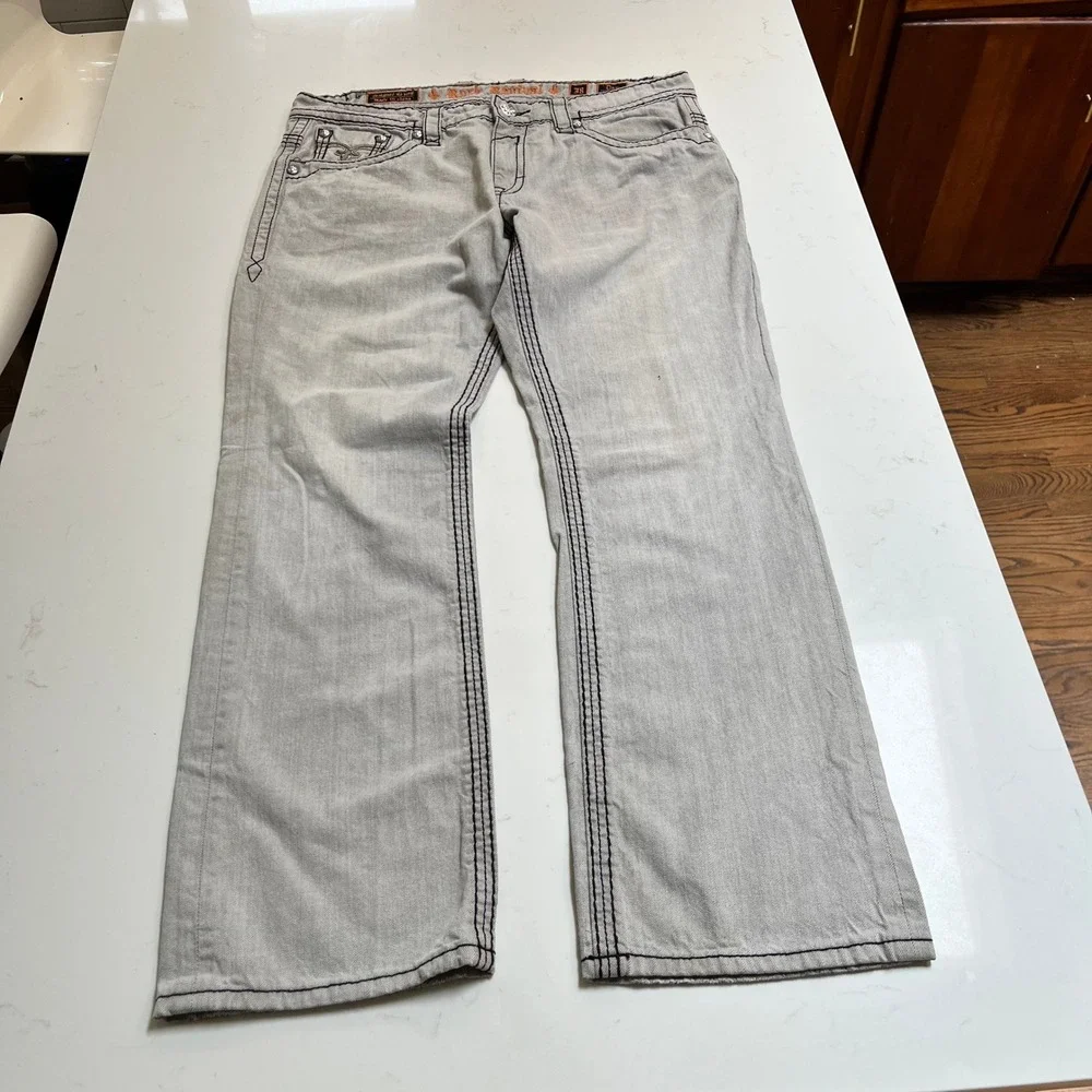 Rock Revival Dan Straight Mens 38 Gray Jeans Heavy Black Stitch Fleur-De-Lis Y2K